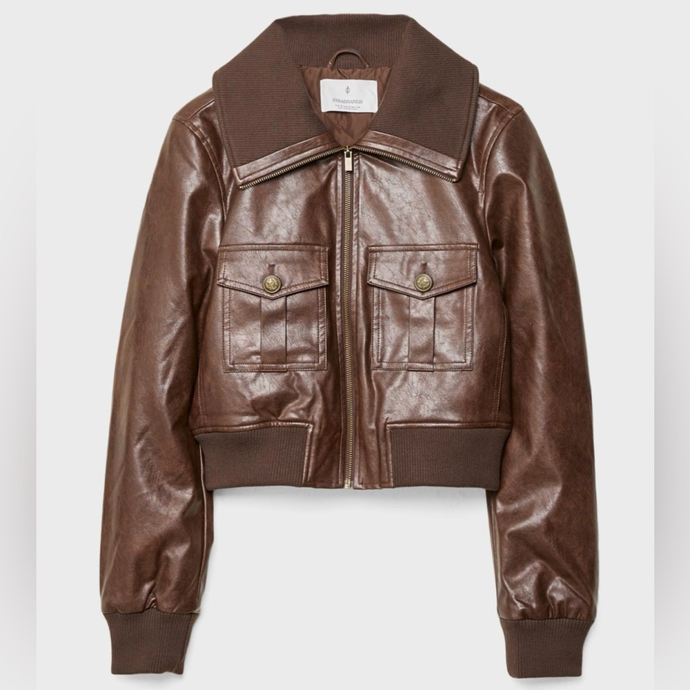 NWT Brown Short Leather Effect Zip-up Jacket US L